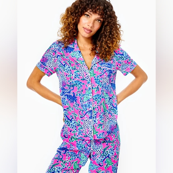 Lilly Pulitzer Other - Lily Pulitzer Pajama Woven Short Sleeve Top Untamed Hearts Size S NEW